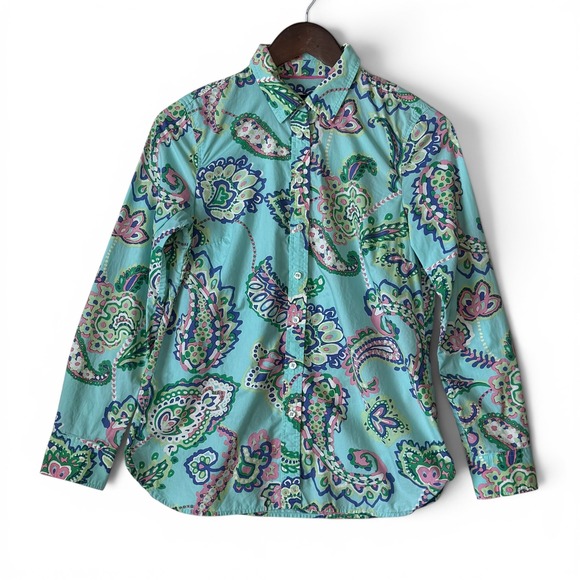 Talbots Tops - Talbots Button Up Blouse Shirt XS Teal Paisley Long Sleeve 100% Cotton Coastal